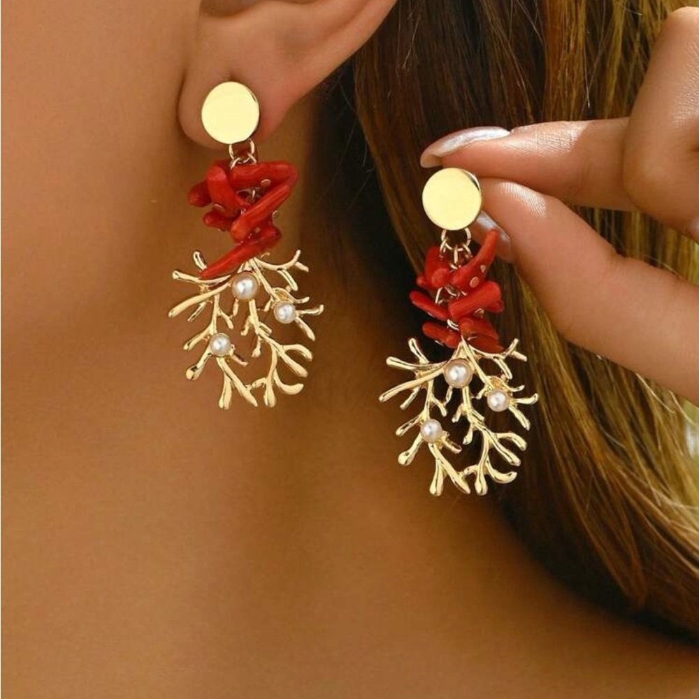 Gold and Red Coral Drop Earrings